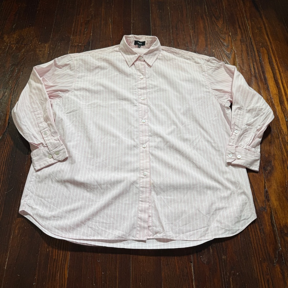 Theory Shirt Womens Small PETITE Pink White Stripes Oversized Button Down‎